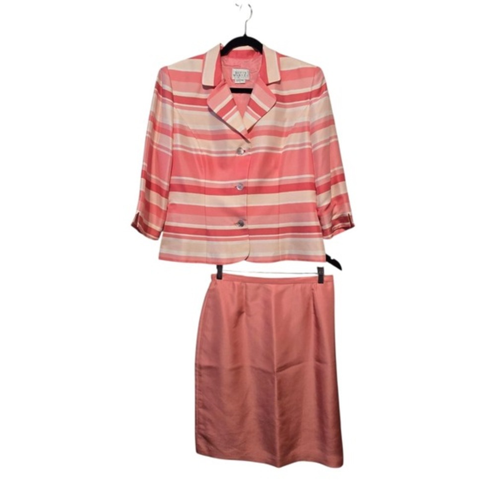 Vintage 90s Y2K David Warren Silk 2 Pc‎ Skirt Suit Sz 12 Pink Stripe Elle Woods